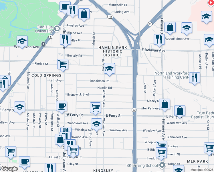 map of restaurants, bars, coffee shops, grocery stores, and more near 122 Hamlin Road in Buffalo