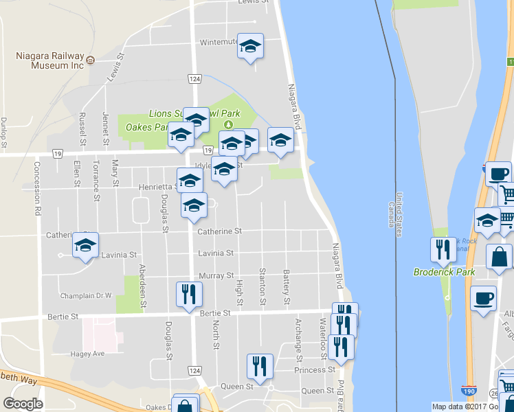 map of restaurants, bars, coffee shops, grocery stores, and more near 110 Stanton Street in Fort Erie
