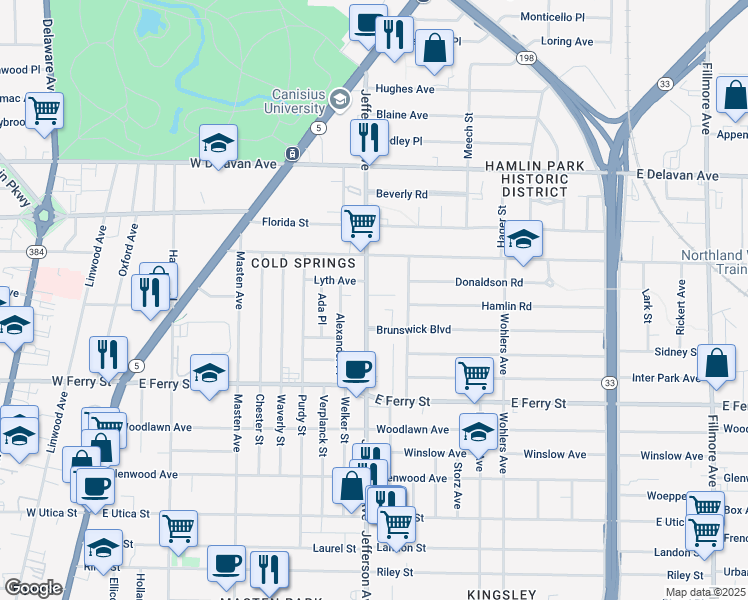 map of restaurants, bars, coffee shops, grocery stores, and more near 1565 Jefferson Avenue in Buffalo
