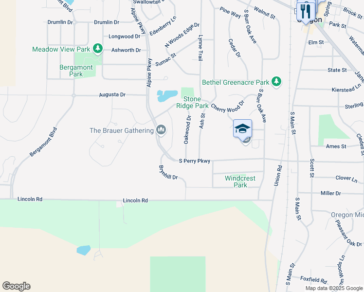 map of restaurants, bars, coffee shops, grocery stores, and more near 545 Oakwood Drive in Oregon