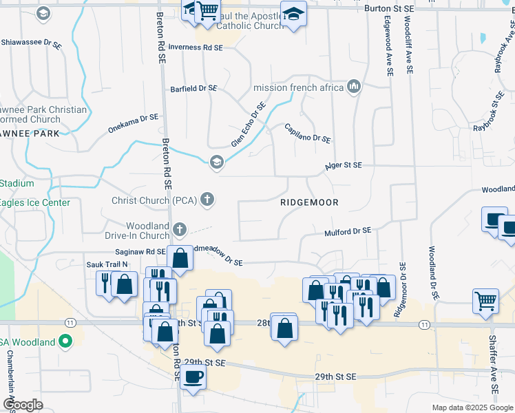 map of restaurants, bars, coffee shops, grocery stores, and more near 2604 Golfridge Drive Southeast in Grand Rapids
