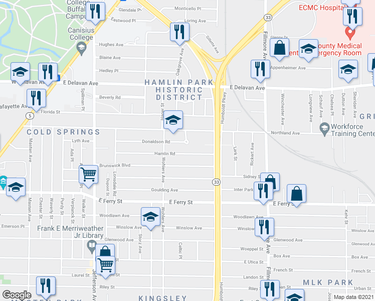 map of restaurants, bars, coffee shops, grocery stores, and more near 164 Hamlin Road in Buffalo