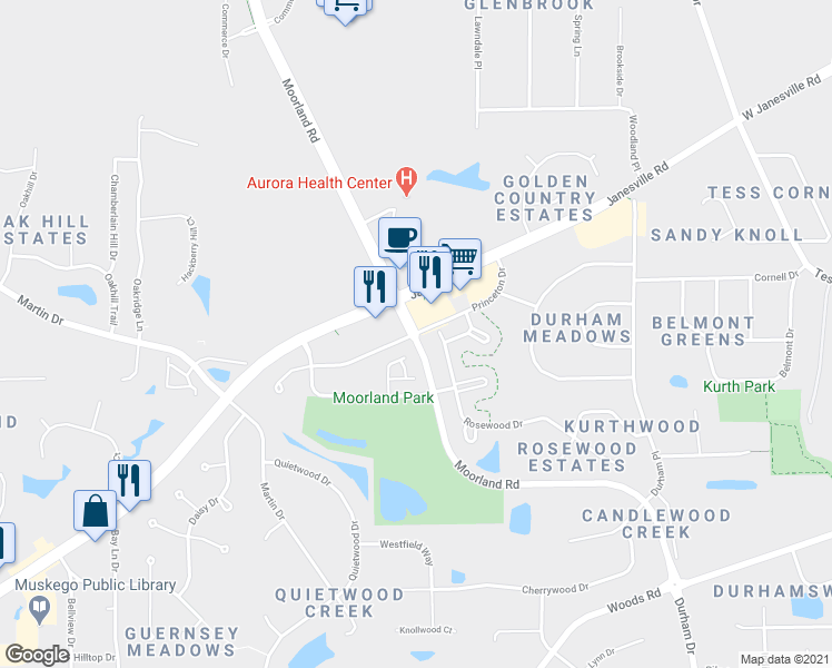 map of restaurants, bars, coffee shops, grocery stores, and more near Princeton Drive in Muskego