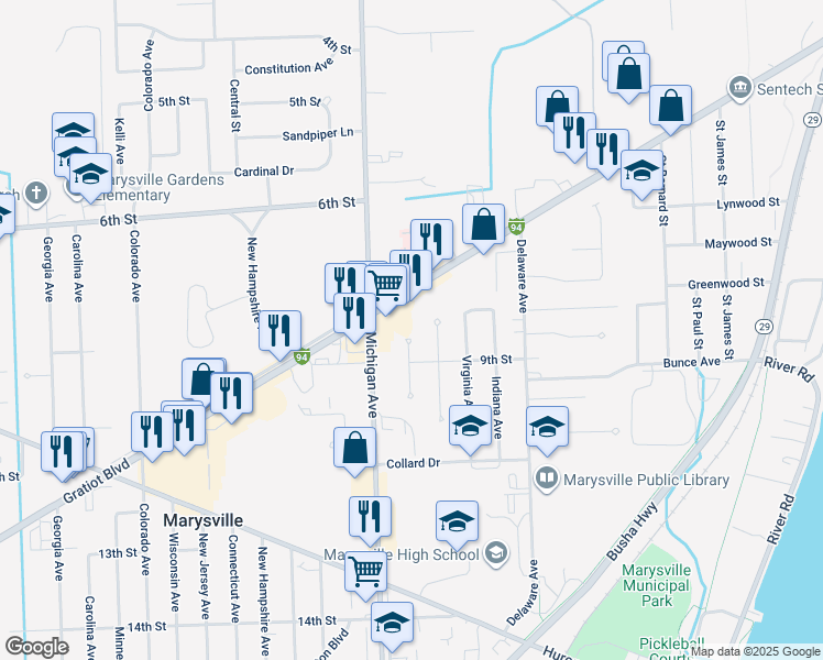 map of restaurants, bars, coffee shops, grocery stores, and more near 855 Ohio Street in Marysville