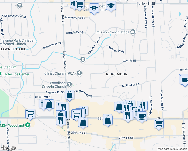 map of restaurants, bars, coffee shops, grocery stores, and more near 2604 Golfridge Drive Southeast in Grand Rapids