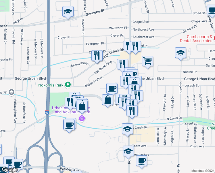 map of restaurants, bars, coffee shops, grocery stores, and more near 57 Fath Drive in Buffalo
