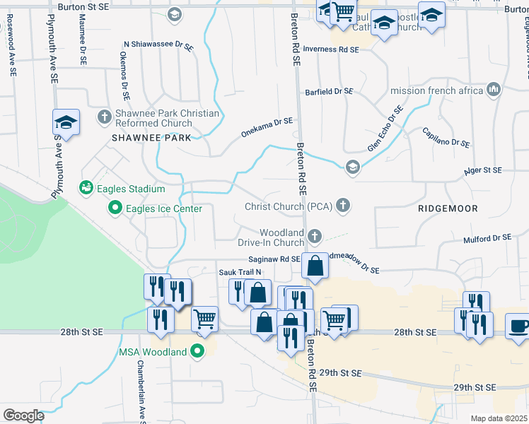 map of restaurants, bars, coffee shops, grocery stores, and more near 2461 Okemos Drive Southeast in Grand Rapids