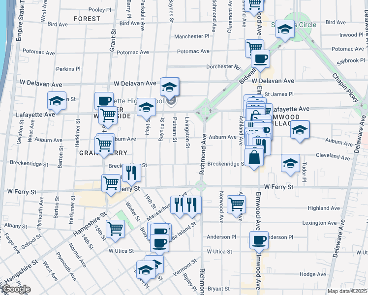 map of restaurants, bars, coffee shops, grocery stores, and more near 88 Livingston Street in Buffalo