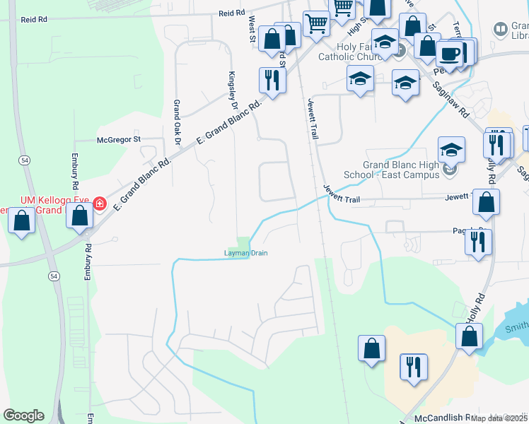 map of restaurants, bars, coffee shops, grocery stores, and more near 778 Layman Creek Circle in Grand Blanc