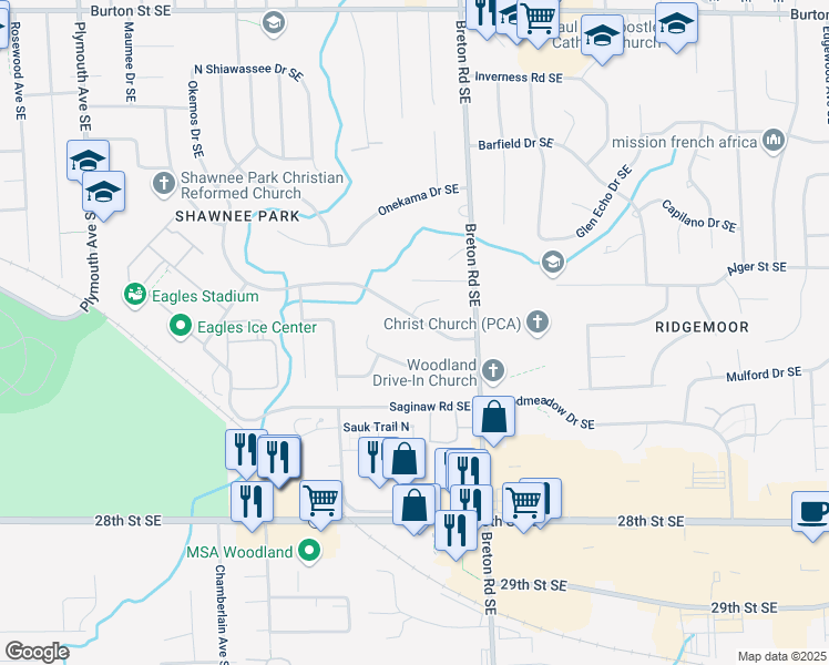 map of restaurants, bars, coffee shops, grocery stores, and more near 2461 Okemos Drive Southeast in Grand Rapids