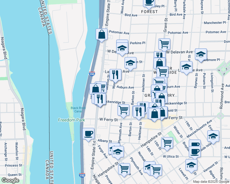 map of restaurants, bars, coffee shops, grocery stores, and more near 1019 West Avenue in Buffalo