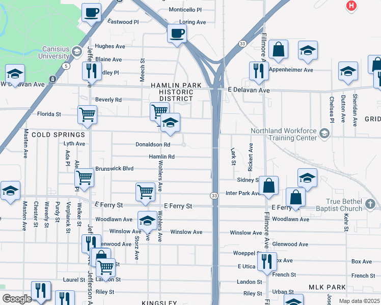 map of restaurants, bars, coffee shops, grocery stores, and more near 164 Hamlin Road in Buffalo