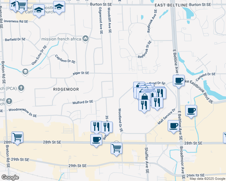 map of restaurants, bars, coffee shops, grocery stores, and more near 2462 Woodcliff Avenue Southeast in Grand Rapids