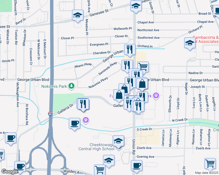 map of restaurants, bars, coffee shops, grocery stores, and more near 57 Fath Drive in Buffalo