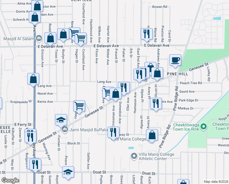 map of restaurants, bars, coffee shops, grocery stores, and more near 22 Freund Street in Buffalo