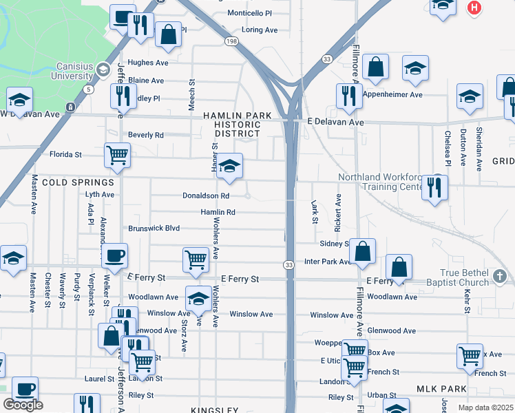 map of restaurants, bars, coffee shops, grocery stores, and more near 164 Hamlin Road in Buffalo