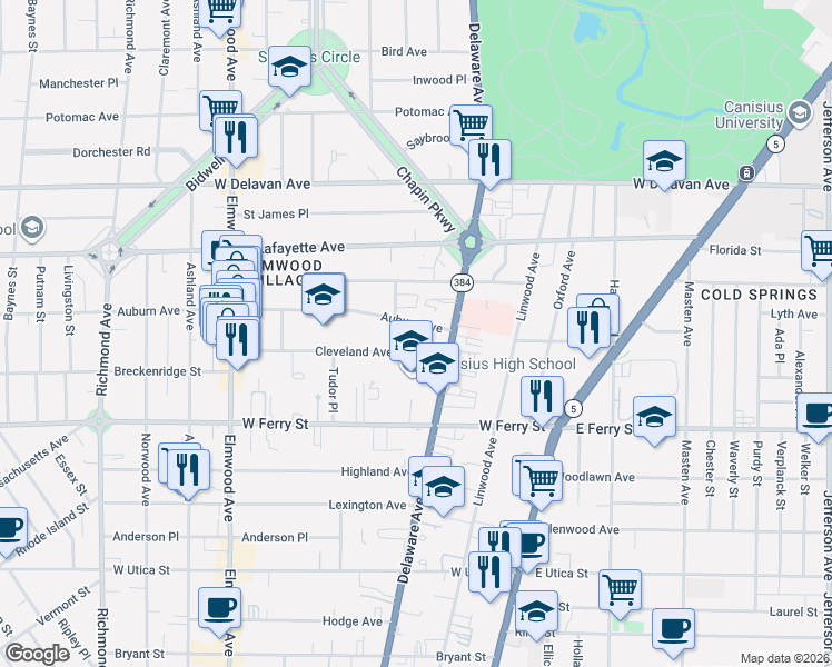 map of restaurants, bars, coffee shops, grocery stores, and more near 829 Auburn Avenue in Buffalo