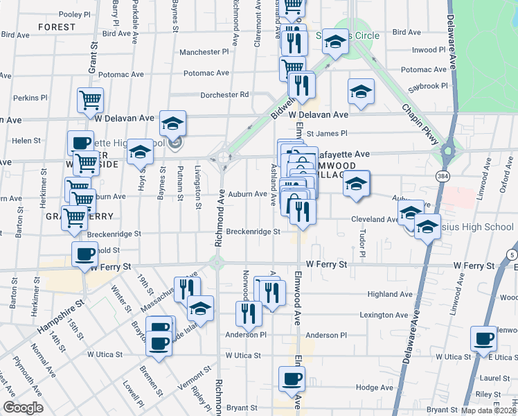 map of restaurants, bars, coffee shops, grocery stores, and more near 480 Ashland Avenue in Buffalo