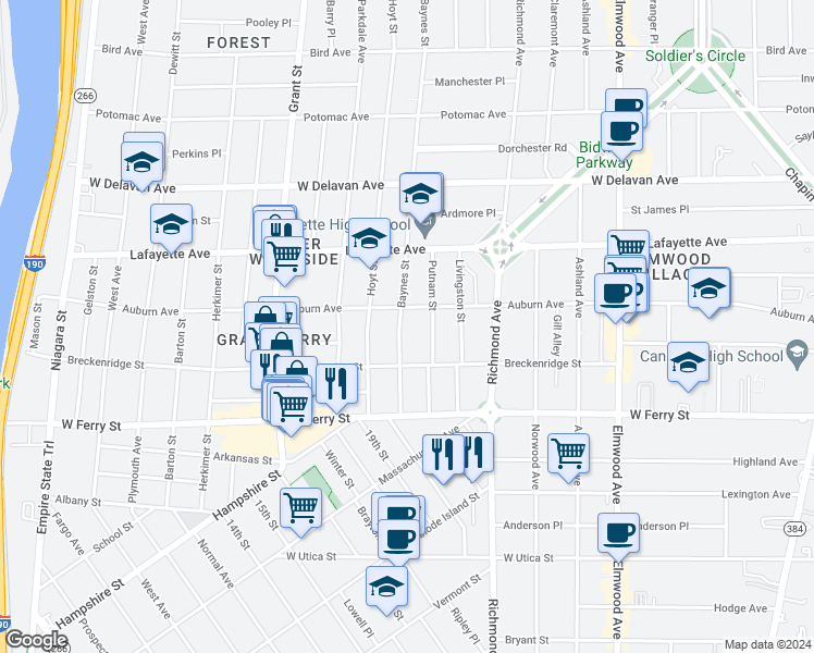 map of restaurants, bars, coffee shops, grocery stores, and more near 40 Putnam Street in Buffalo