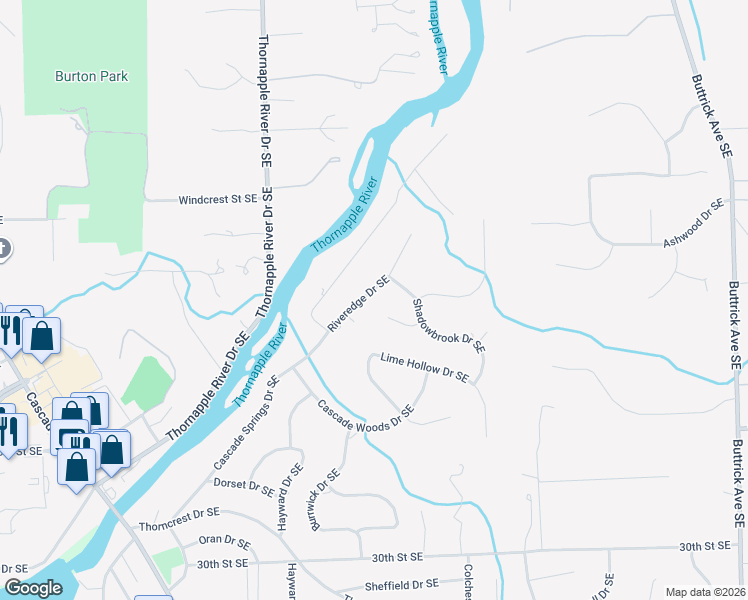map of restaurants, bars, coffee shops, grocery stores, and more near 2541 Riveredge Drive Southeast in Grand Rapids
