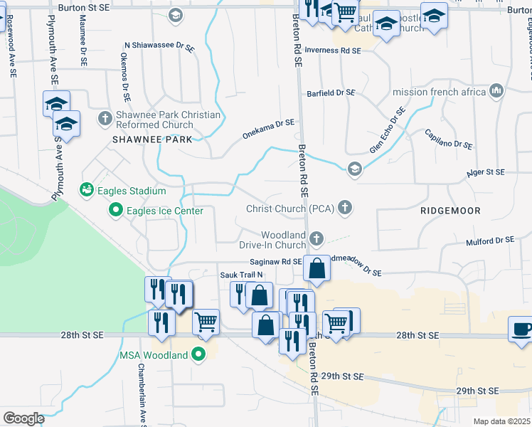 map of restaurants, bars, coffee shops, grocery stores, and more near 2461 Okemos Drive Southeast in Grand Rapids