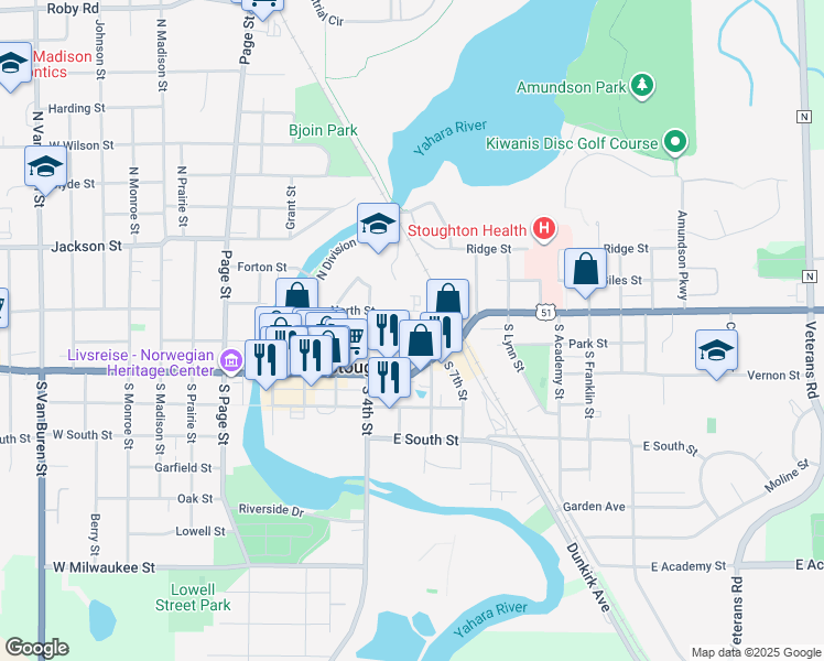 map of restaurants, bars, coffee shops, grocery stores, and more near 500 East Main Street in Stoughton