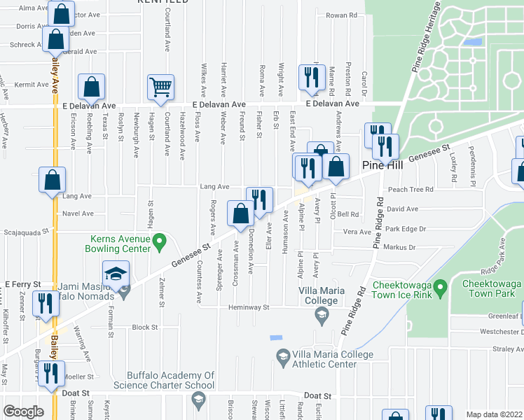 map of restaurants, bars, coffee shops, grocery stores, and more near 2234 Genesee St in Buffalo
