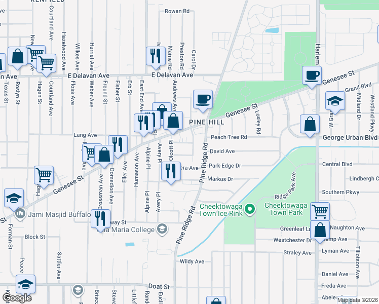 map of restaurants, bars, coffee shops, grocery stores, and more near 48 Pine Ridge Terrace in Buffalo