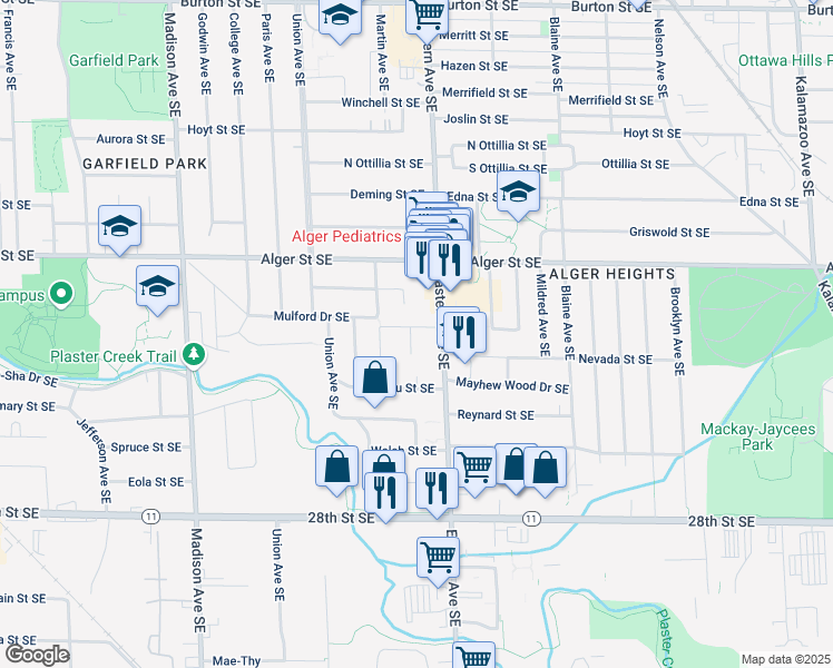 map of restaurants, bars, coffee shops, grocery stores, and more near 726 Mulford Dr SE in Grand Rapids