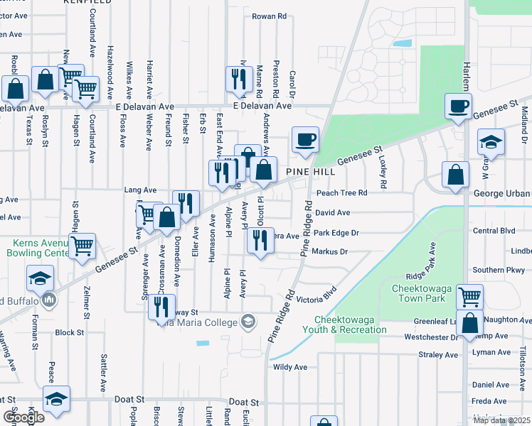 map of restaurants, bars, coffee shops, grocery stores, and more near 15 Olcott Pl in Buffalo