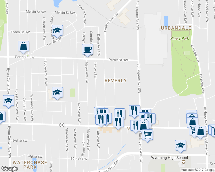 map of restaurants, bars, coffee shops, grocery stores, and more near 2534 De Laat Avenue Southwest in Wyoming