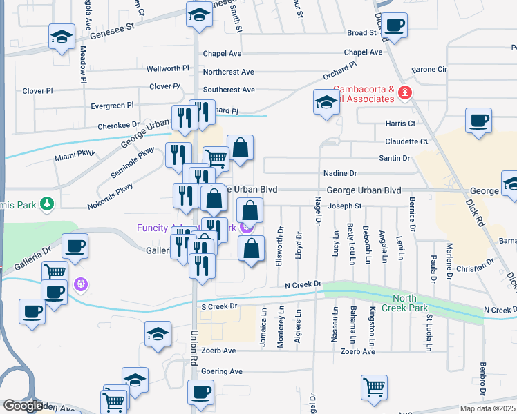 map of restaurants, bars, coffee shops, grocery stores, and more near 19 Wellington Road in Cheektowaga