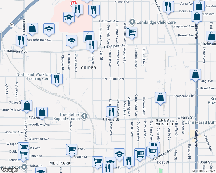 map of restaurants, bars, coffee shops, grocery stores, and more near 126 Schuele Avenue in Buffalo