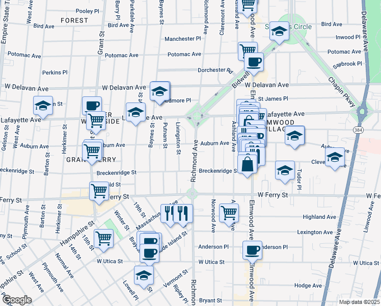 map of restaurants, bars, coffee shops, grocery stores, and more near 574 Richmond Avenue in Buffalo