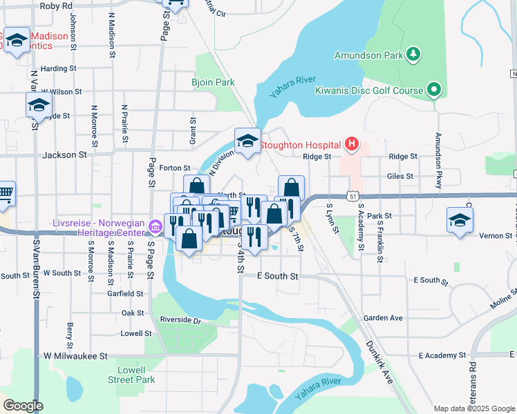 map of restaurants, bars, coffee shops, grocery stores, and more near 116 Fifth Street in Stoughton