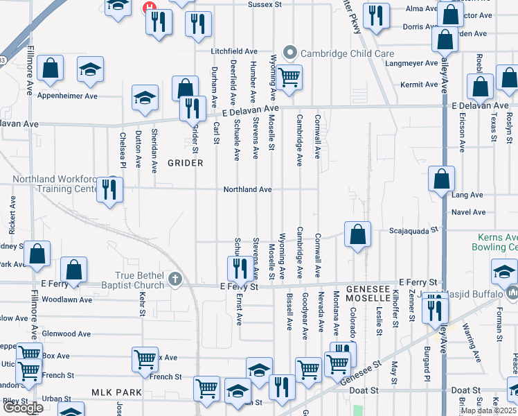 map of restaurants, bars, coffee shops, grocery stores, and more near 127 Stevens Avenue in Buffalo