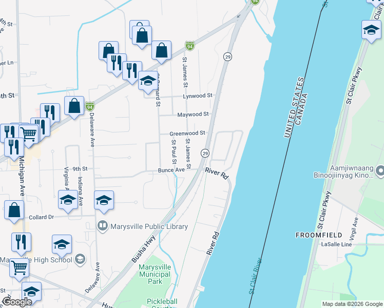 map of restaurants, bars, coffee shops, grocery stores, and more near 883 Saint James Street in Marysville