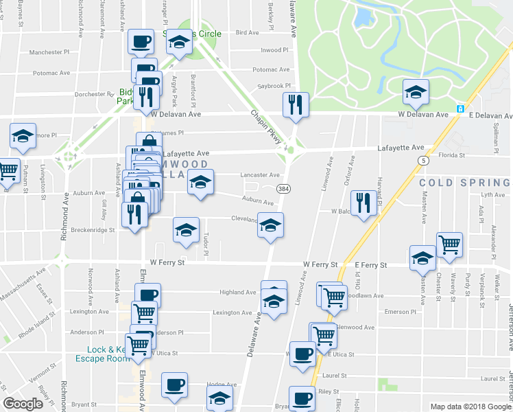 map of restaurants, bars, coffee shops, grocery stores, and more near 829 Auburn Avenue in Buffalo