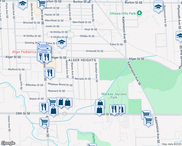 map of restaurants, bars, coffee shops, grocery stores, and more near 2506 Raymond Avenue Southeast in Grand Rapids