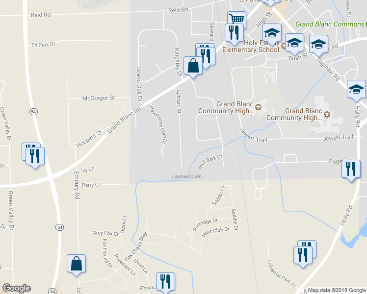 map of restaurants, bars, coffee shops, grocery stores, and more near 11681 Schram Street in Grand Blanc
