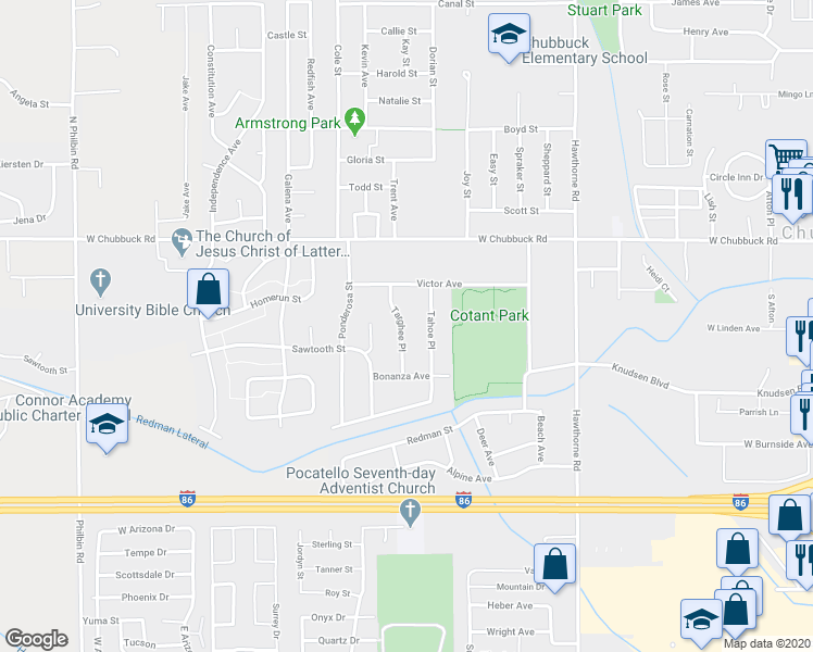 map of restaurants, bars, coffee shops, grocery stores, and more near 4642 Targhee Place in Pocatello