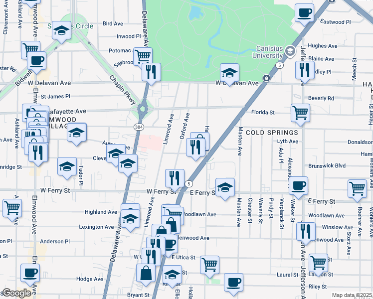 map of restaurants, bars, coffee shops, grocery stores, and more near 51 West Balcom Street in Buffalo