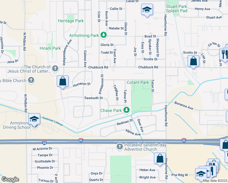 map of restaurants, bars, coffee shops, grocery stores, and more near 4643 Targhee Place in Pocatello