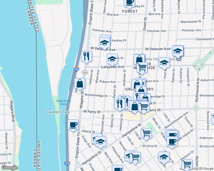 map of restaurants, bars, coffee shops, grocery stores, and more near 39 Dewitt Street in Buffalo