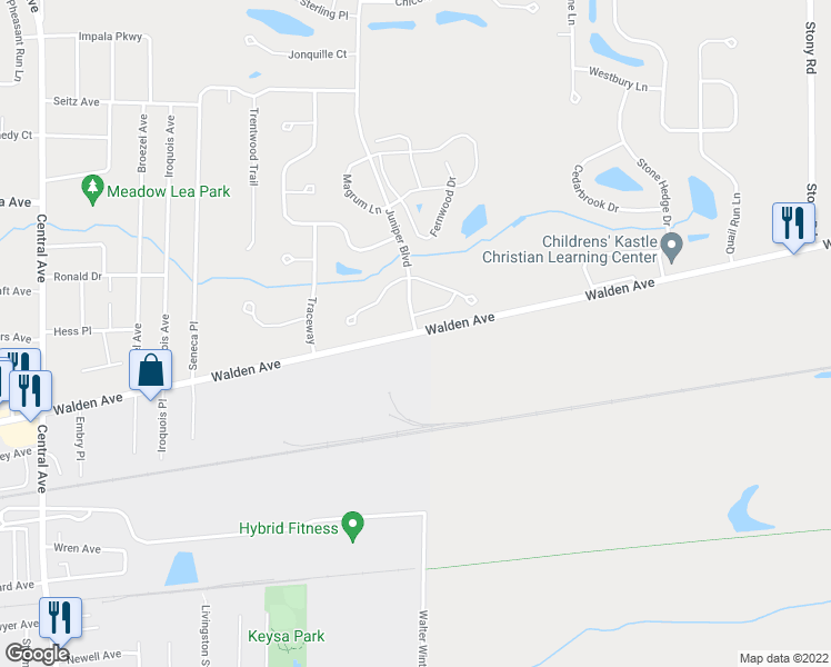 map of restaurants, bars, coffee shops, grocery stores, and more near Walden Avenue & Juniper Boulevard in Erie County