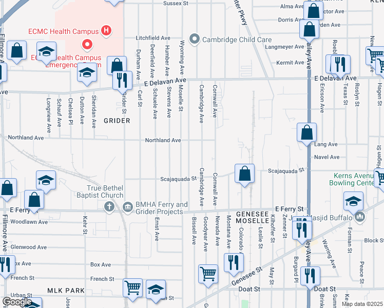 map of restaurants, bars, coffee shops, grocery stores, and more near 125 Wyoming Avenue in Buffalo