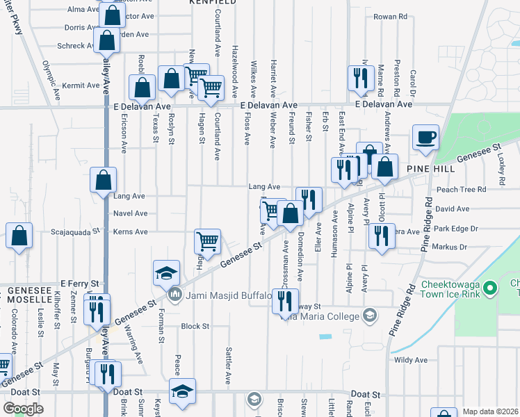 map of restaurants, bars, coffee shops, grocery stores, and more near 54 Rogers Avenue in Buffalo