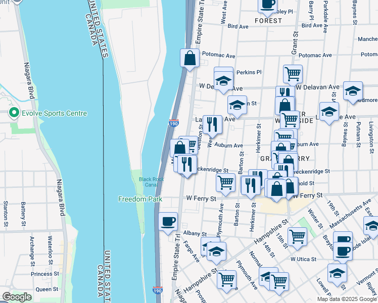 map of restaurants, bars, coffee shops, grocery stores, and more near 92 Gelston Street in Buffalo