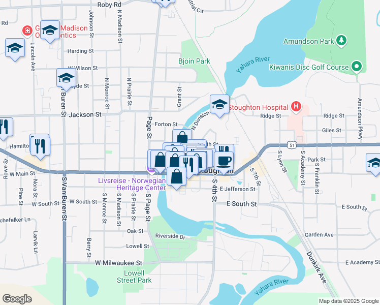 map of restaurants, bars, coffee shops, grocery stores, and more near 117 S Division St in Stoughton