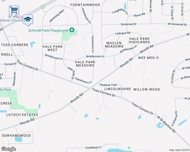 map of restaurants, bars, coffee shops, grocery stores, and more near W132S7016 Fennimore Lane in Muskego